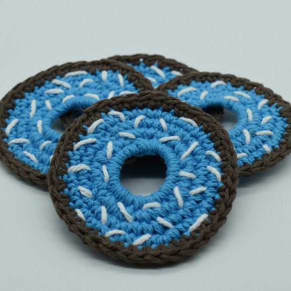 Hand Crafted Crochet Blue Frosted Doughnut Coasters Set of four - Picture 2 of 6